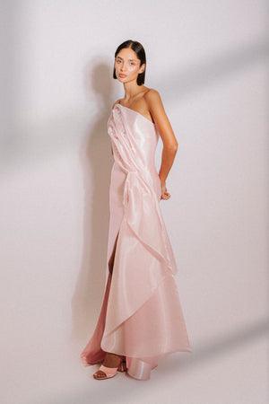 Strapless silk gazar evening gown with Swarovski detail