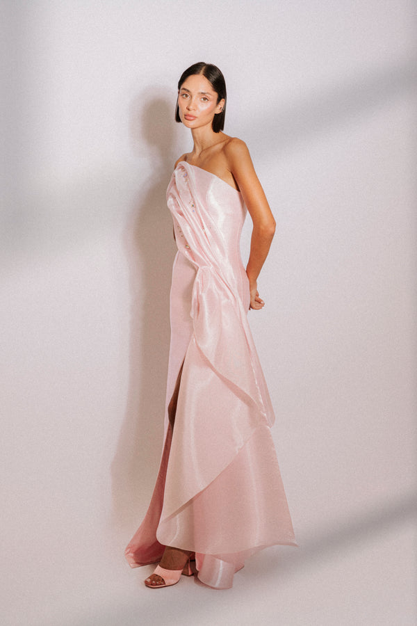 Strapless silk gazar evening gown with Swarovski detail