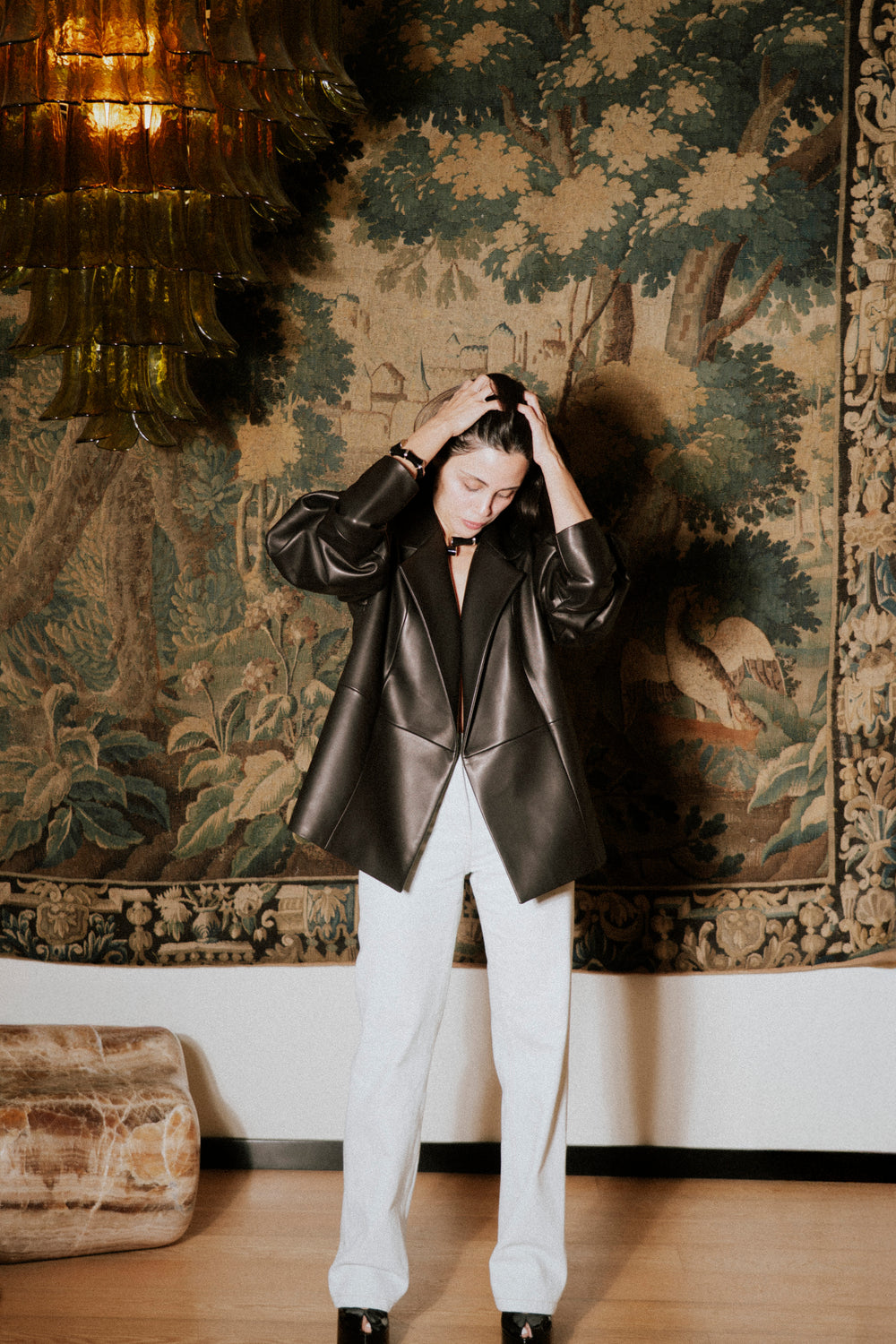 Oversized leather jacket with puffy shoulders