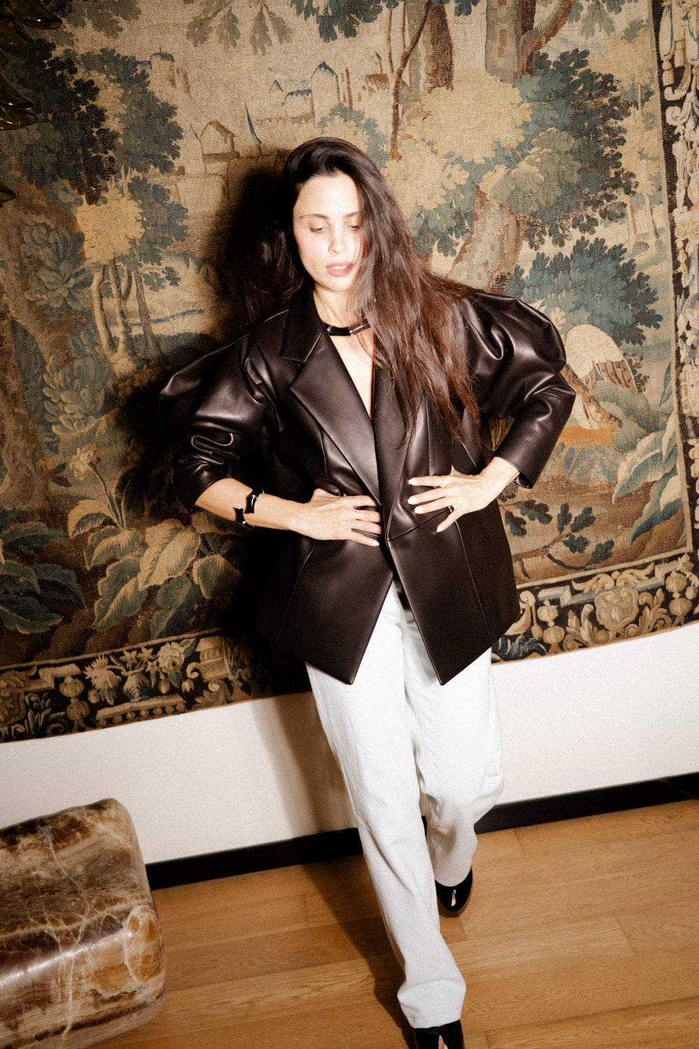 Oversized leather jacket with puffy shoulders