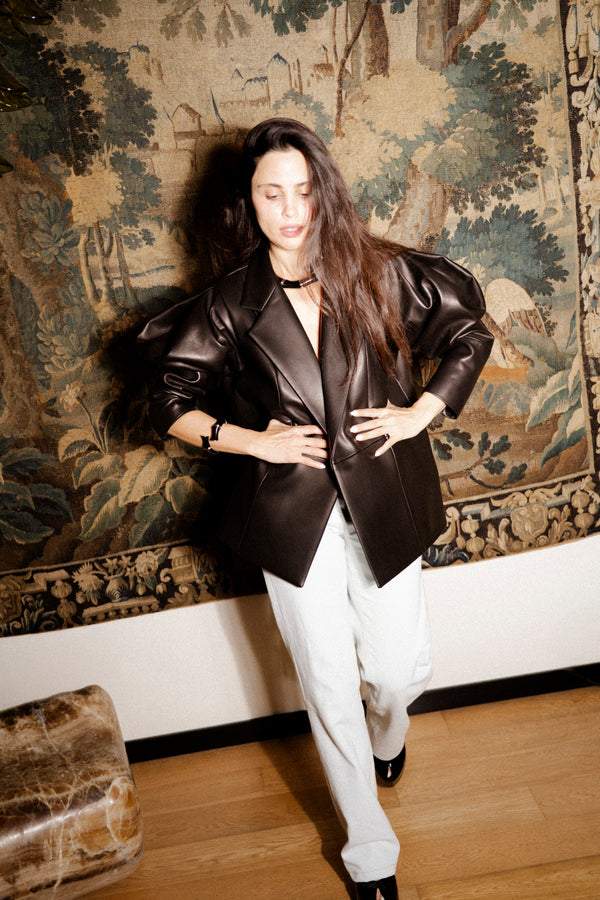 Oversized leather jacket with puffy shoulders