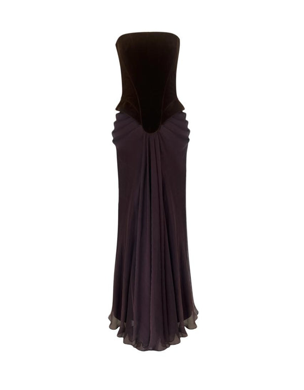 Velvet corset gown with softly draped chiffon skirt