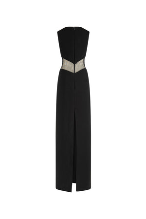 High neck crepe gown with bodice cut outs