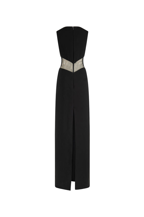 High neck crepe gown with bodice cut outs