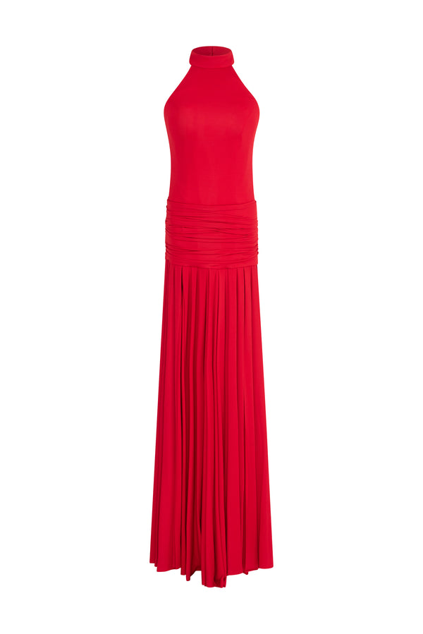 Halter neck open back silk stretch gown