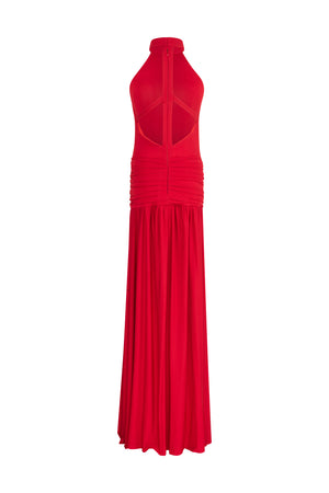 Halter neck open back silk stretch gown