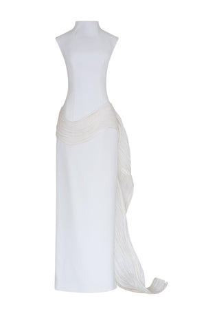 High neck crepe evening gown with taffeta wave detail