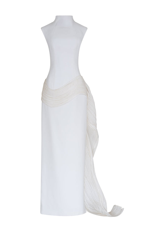 High neck crepe evening gown with taffeta wave detail