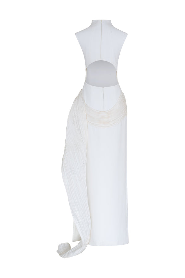 High neck crepe evening gown with taffeta wave detail