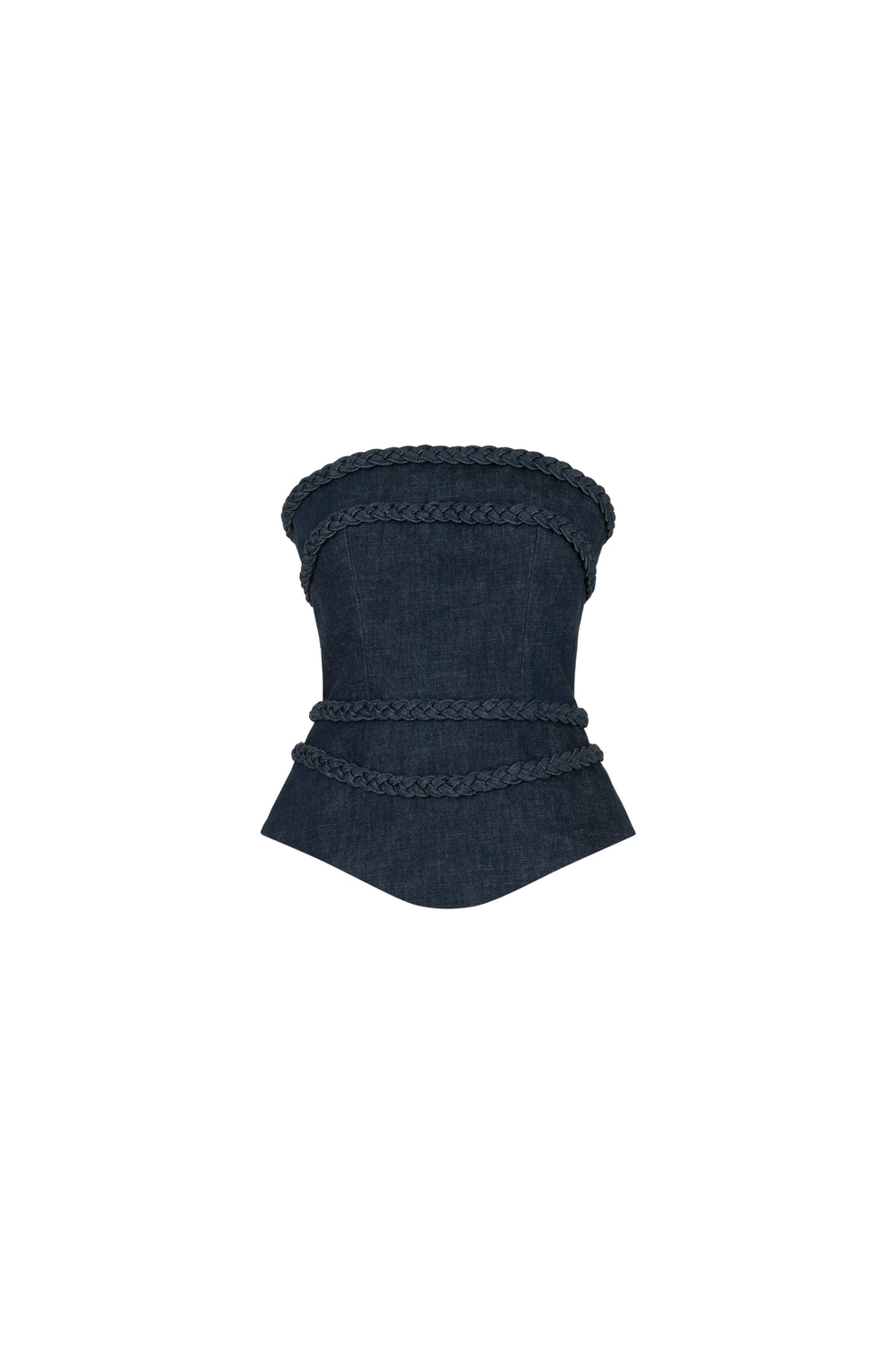 Strapless denim corset with braided detail