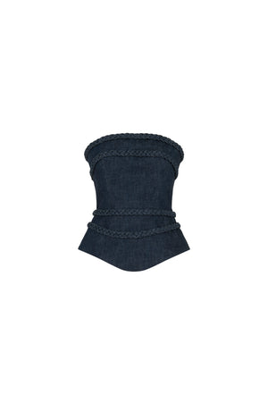Strapless denim corset with braided detail