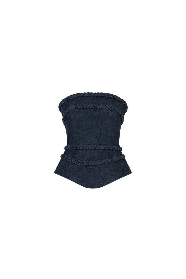 Strapless denim corset with braided detail