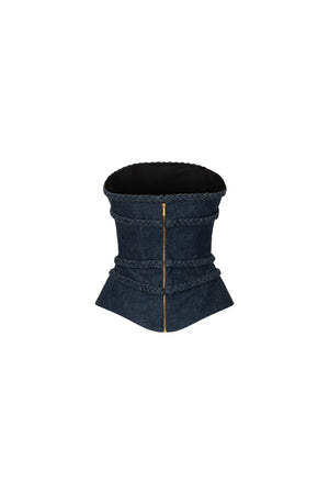 Strapless denim corset with braided detail