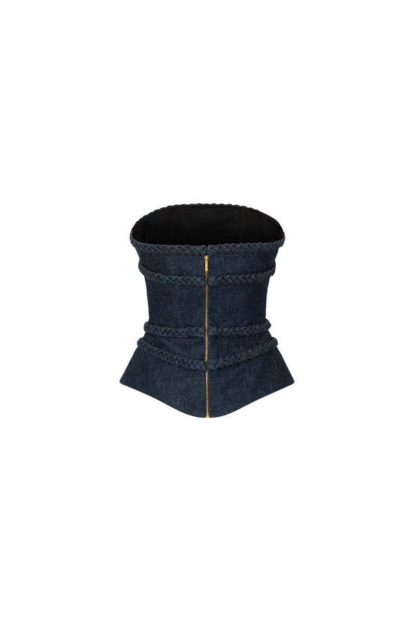 Strapless denim corset with braided detail