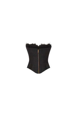 Strapless checkered wool corset with lace detail