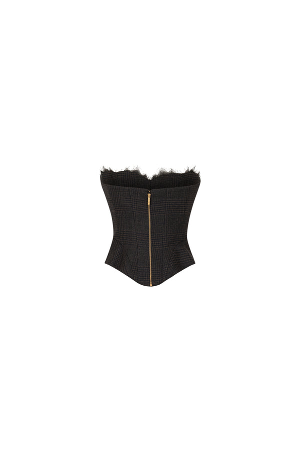 Strapless checkered wool corset with lace detail
