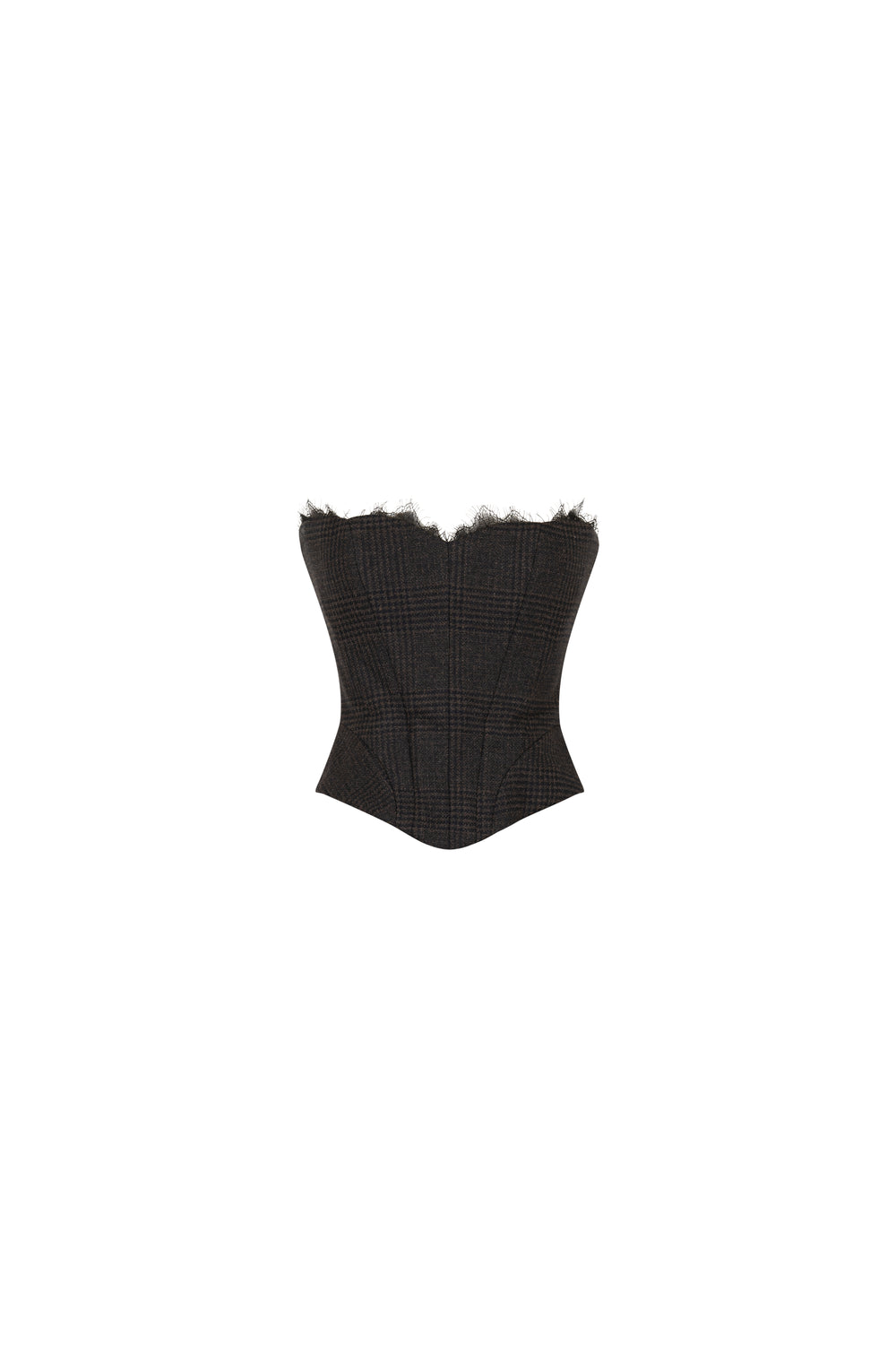 Strapless checkered wool corset with lace detail