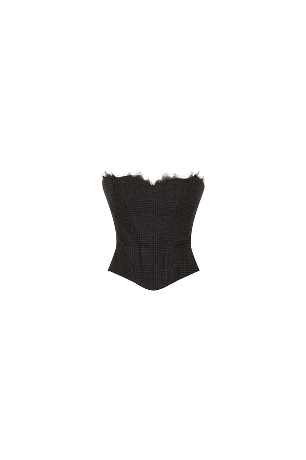Strapless checkered wool corset with lace detail