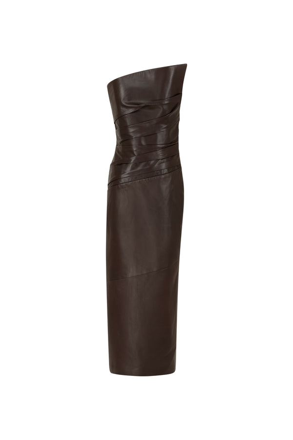 Asymmetrical midi leather dress with draped detail
