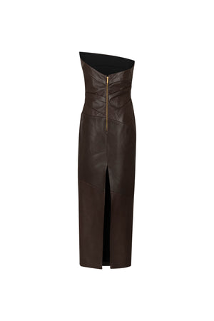 Asymmetrical midi leather dress with draped detail