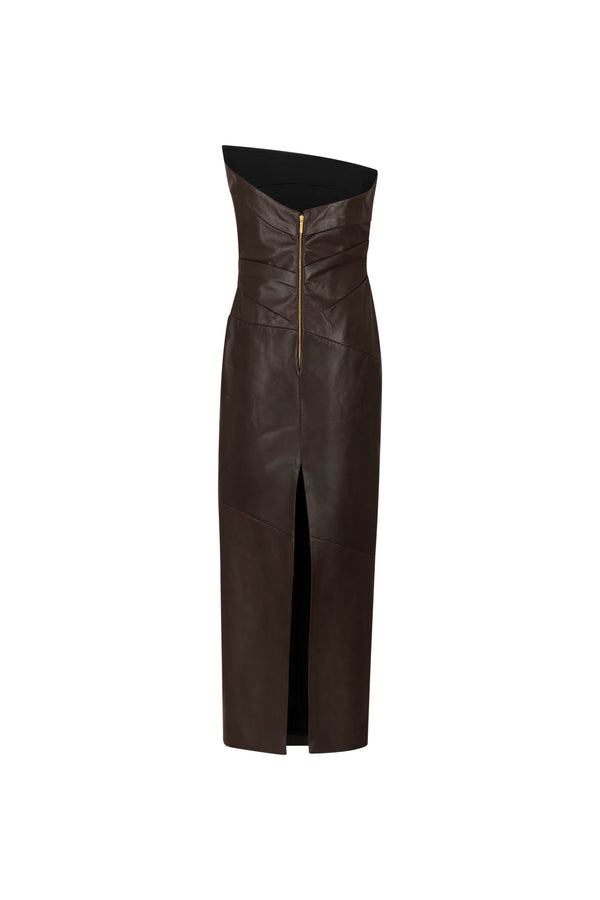 Asymmetrical midi leather dress with draped detail