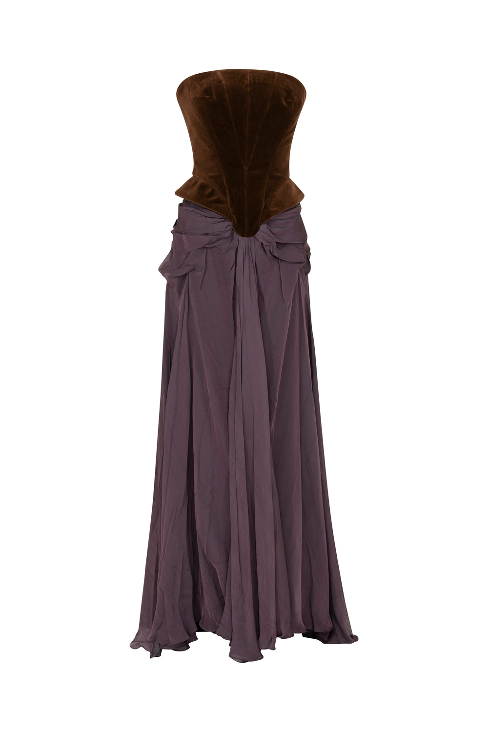 Velvet corset with draped skirt evening gown