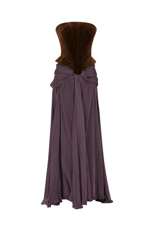 Velvet corset with draped skirt evening gown