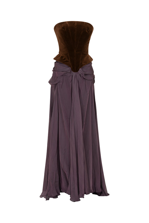 Velvet corset with draped skirt evening gown