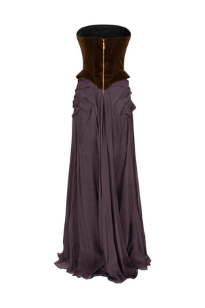 Velvet corset with draped skirt evening gown