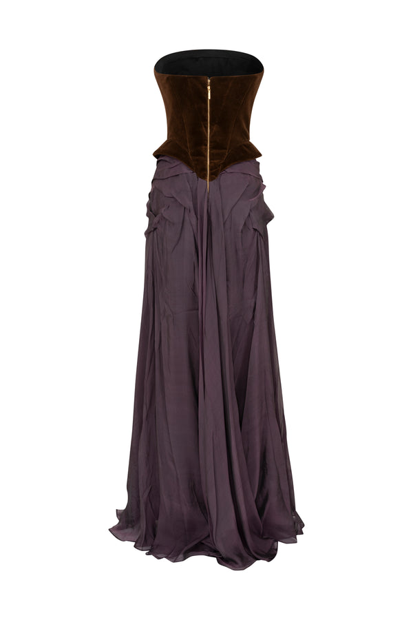 Velvet corset with draped skirt evening gown