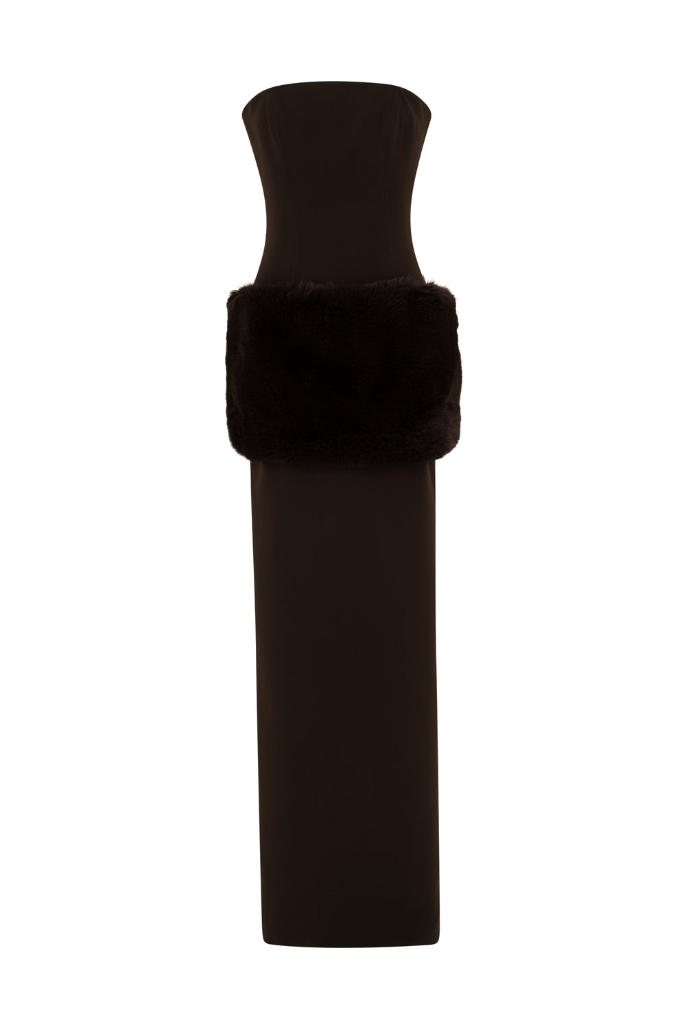 Strapless fitted Crepe gown with Faux fur details