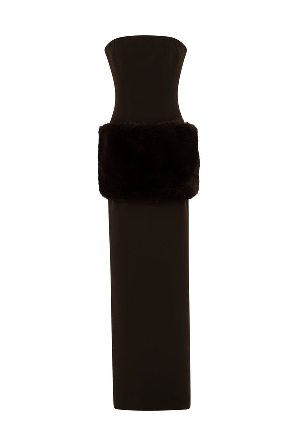 Strapless fitted Crepe gown with Faux fur details