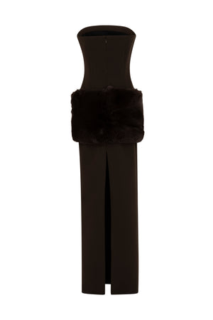 Strapless fitted Crepe gown with Faux fur details