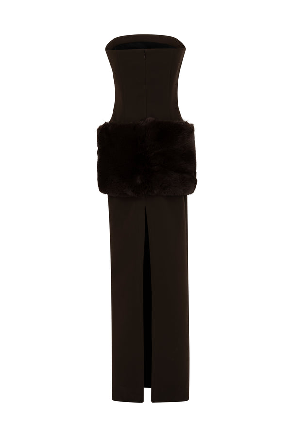 Strapless fitted Crepe gown with Faux fur details