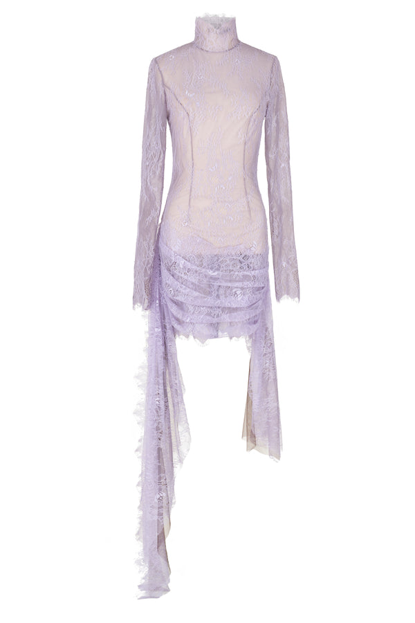Mini lace dress with draped hip details and flowing draped
