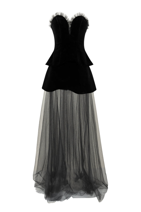 Heart shaped velvet corset with transparent skirt