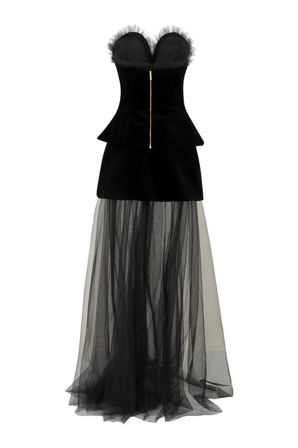 Heart shaped velvet corset with transparent skirt
