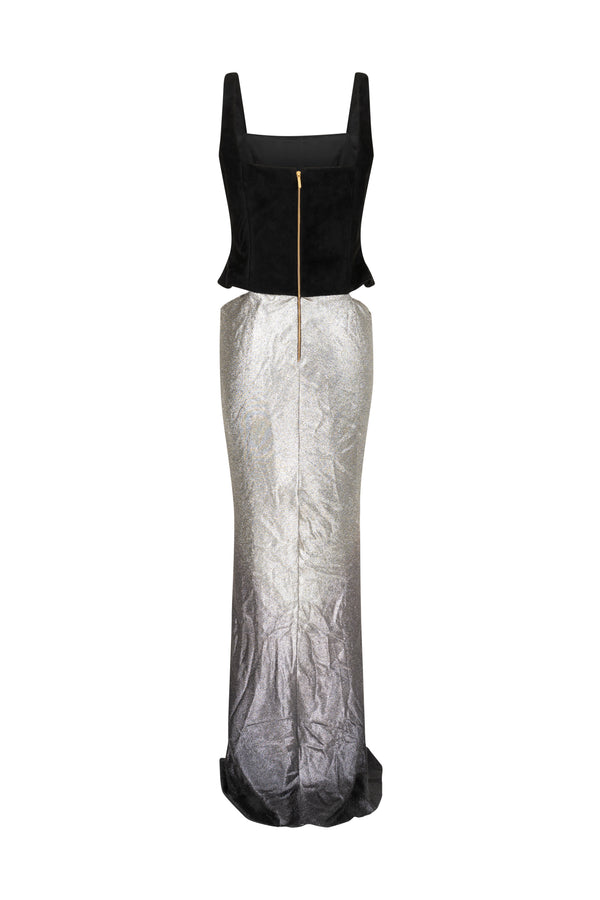 Suede corset with silk lurex skirt gown