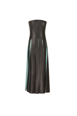 Strapless leather midi dress with pleated details