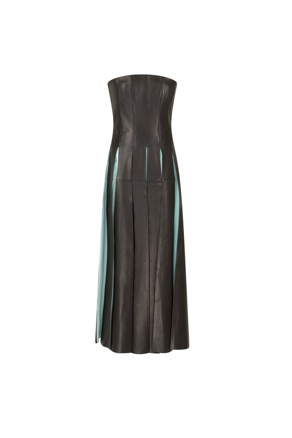 Strapless leather midi dress with pleated details