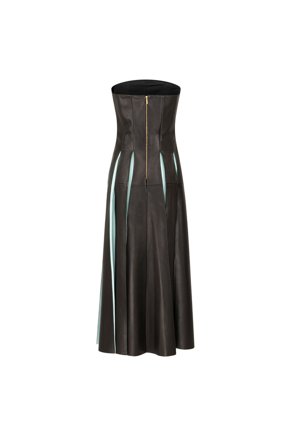 Strapless leather midi dress with pleated details