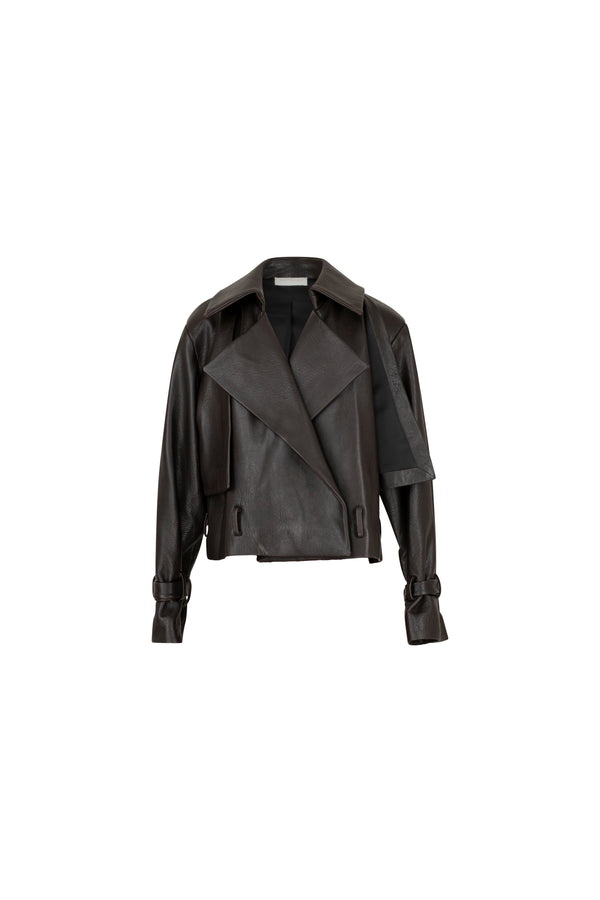 Leather pilot cropped jacket with belt