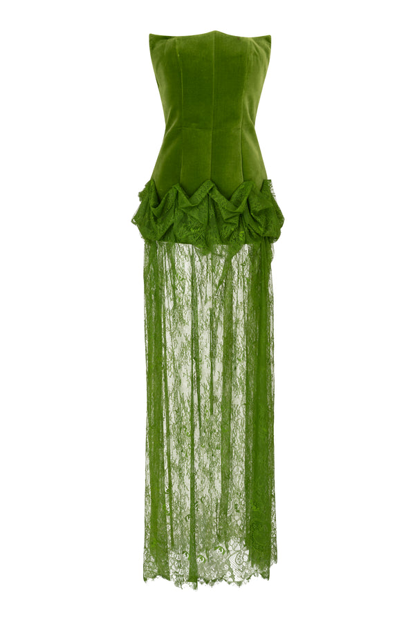 Strapless velvet corseted gown with sheer lace skirt