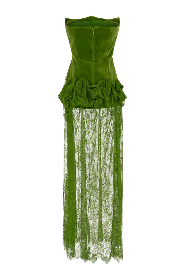 Strapless velvet corseted gown with sheer lace skirt
