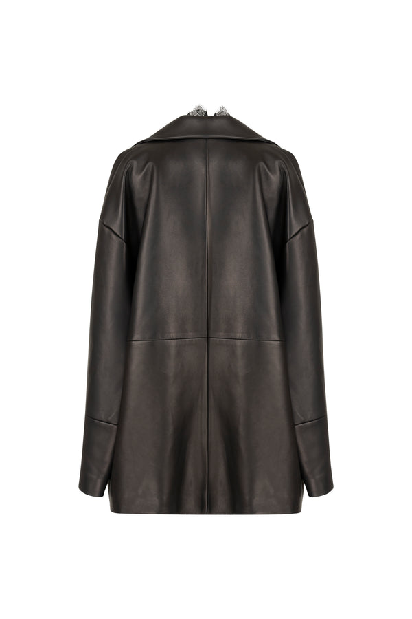 Oversized leather jacket with puff shoulder details