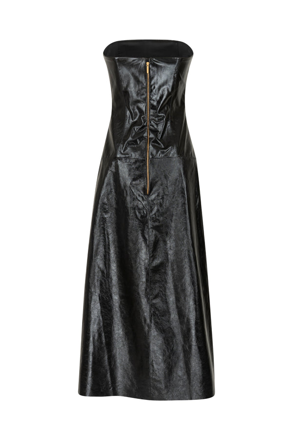Patent leather strapless midi gown