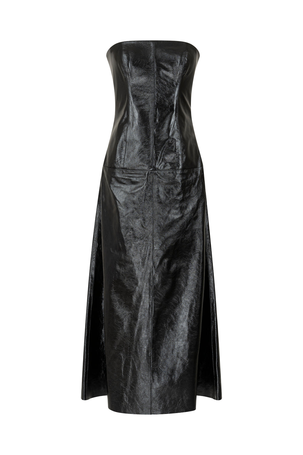 Patent leather strapless midi gown