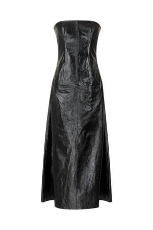 Patent leather strapless midi gown