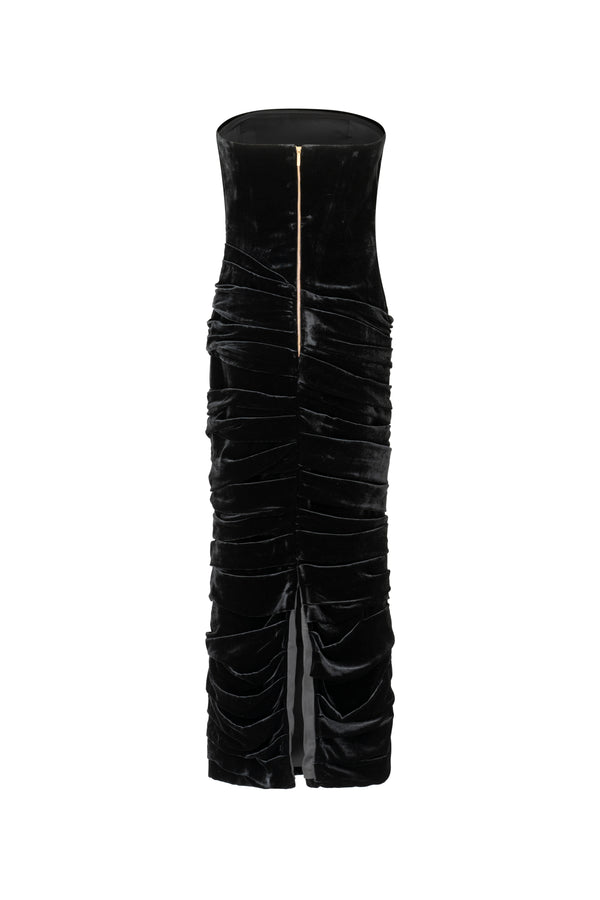 Velvet midi gown with draped skirt detail