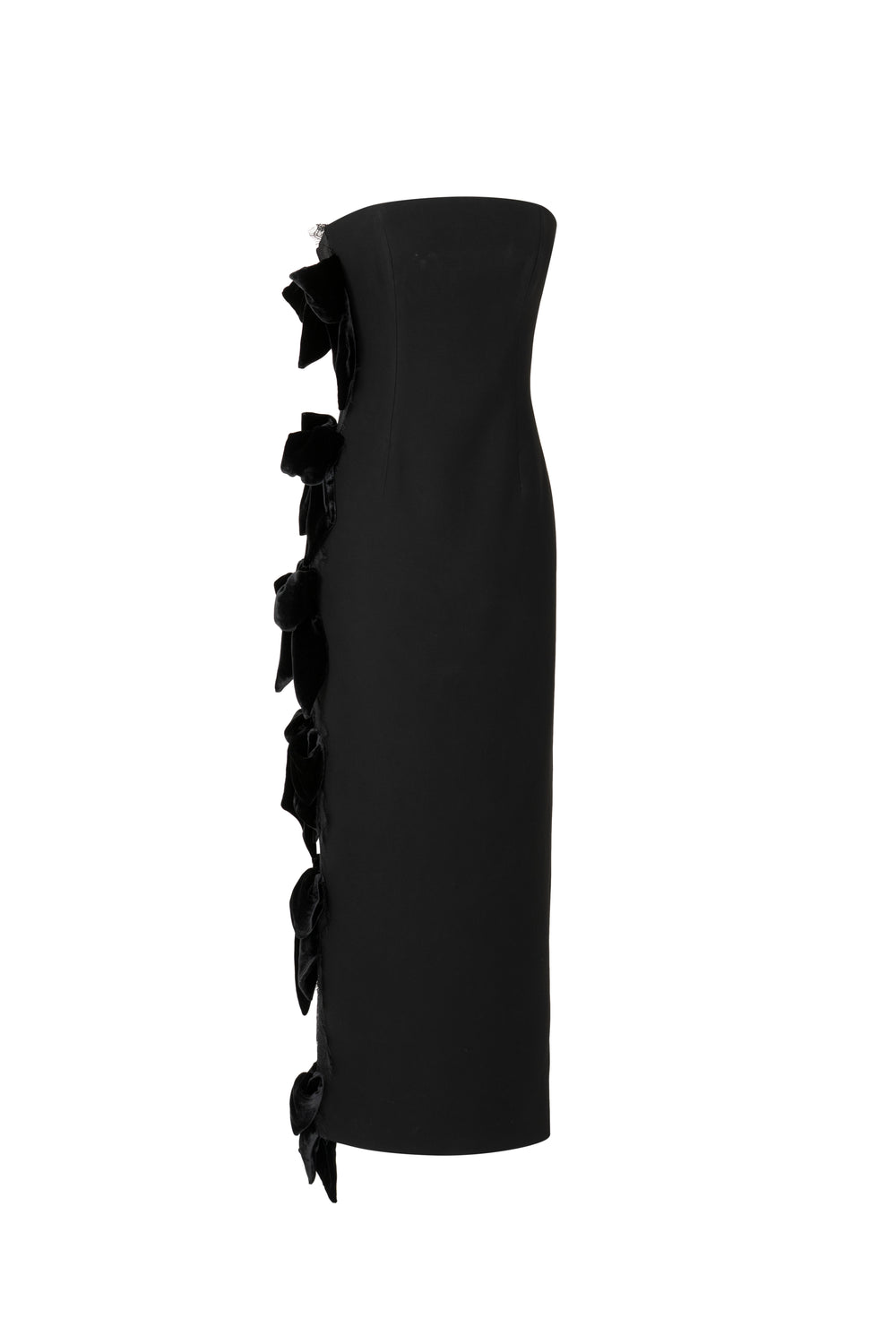 Strapless crepe midi gown with velvet bows